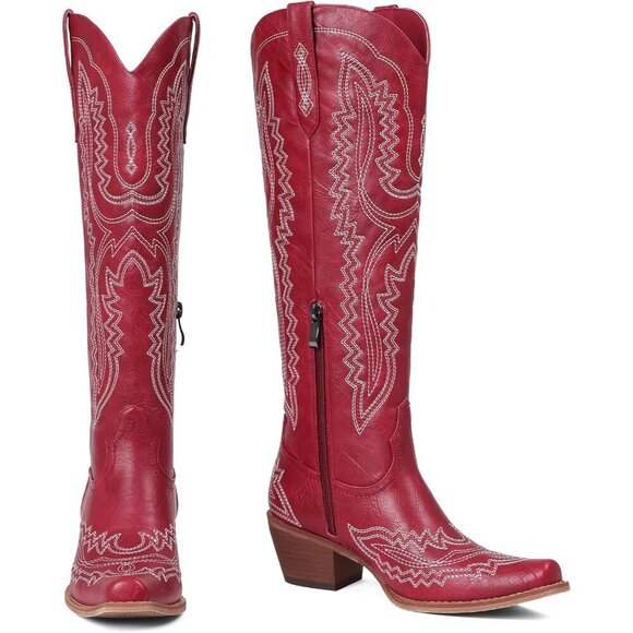 Women's Red Knee High Western Chunky Heel Slip On Zipper Square Toe Boots - Picture 5 of 6